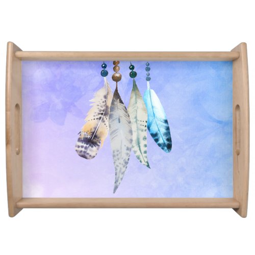 Watercolor Beads n Feathers on Purple Background Serving Tray