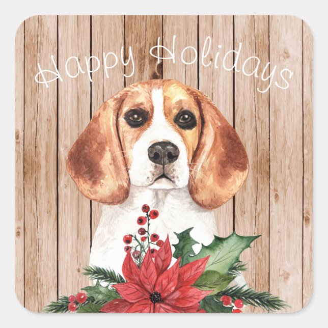 Watercolor Beagle & Christmas Bouquet Customizable Square Sticker (Front)