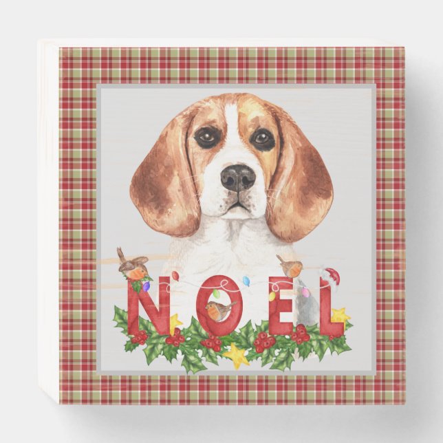 Watercolor Beagle & Christmas Bouquet  Wooden Box Sign (Front Horizontal)
