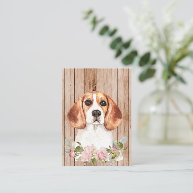 Watercolor Beagle & Flowers  Note Card (Standing Front)