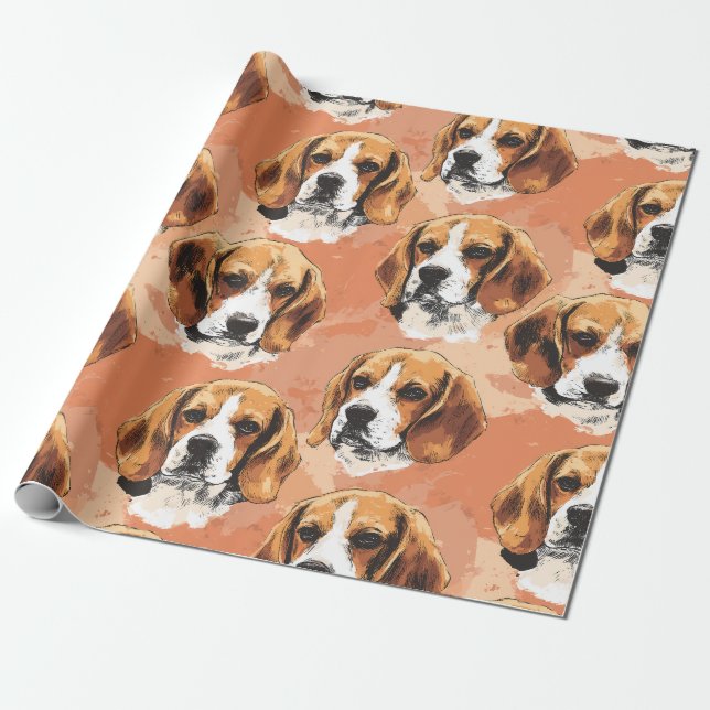 Watercolor Beagle Portrait Pattern Wrapping Paper (Unrolled)