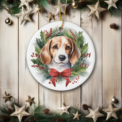 Watercolor Beagle Red Bow Wreath Christmas Ceramic Ornament