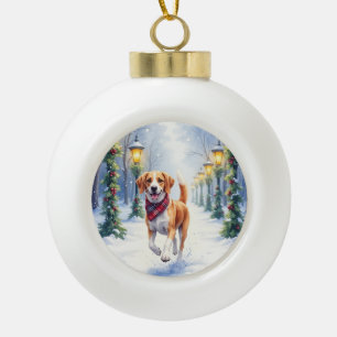 Watercolor Beagle Snowy Park Christmas Holiday Ceramic Ball Christmas Ornament