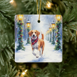 Watercolor Beagle Snowy Park Christmas Holiday Ceramic Ornament