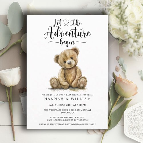 Watercolor Bear Adventure Begins Baby Shower Invitation