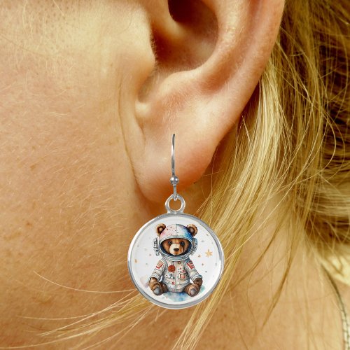 Watercolor Bear Astronaut with Stars Silver Round Earrings