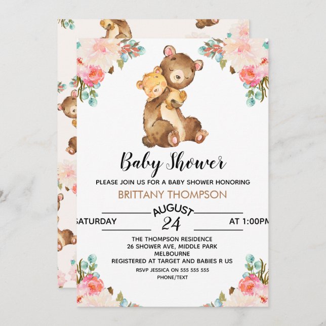Watercolor Bear Baby Shower Invitation (Front/Back)