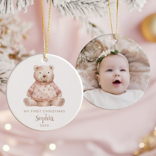 Watercolor Bear Baby's 1st Christmas Photo Ceramic Ornament