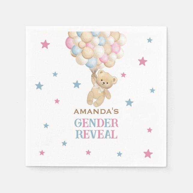 Watercolor Bear balloons Pink Blue Gender Reveal Napkins (Front)