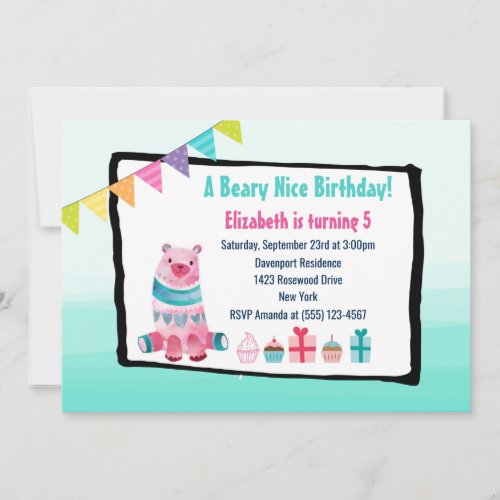 Watercolor Bear Beary Nice Birthday Party Invite