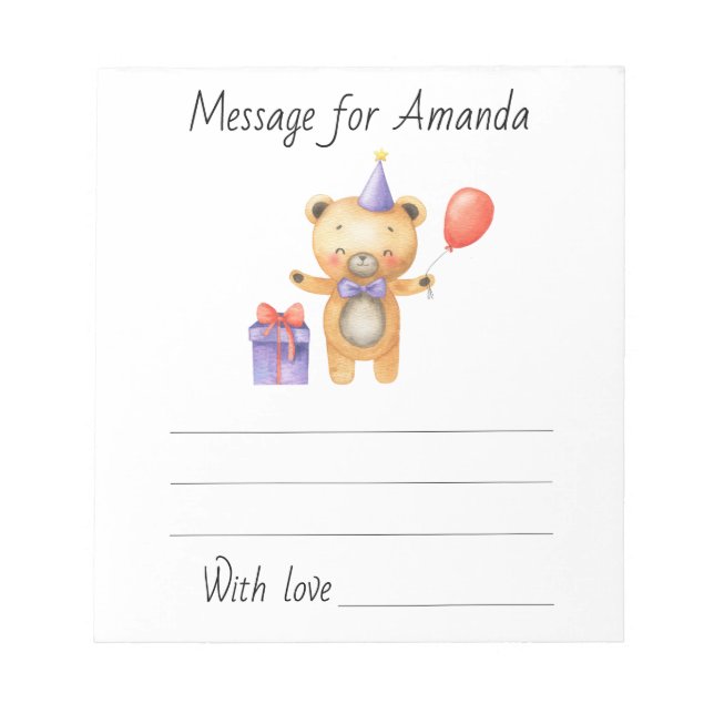 Watercolor bear birthday time capsule message notepad (Front)