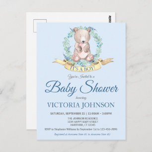 Watercolor Bear Blue Floral Boy Baby Shower Invite