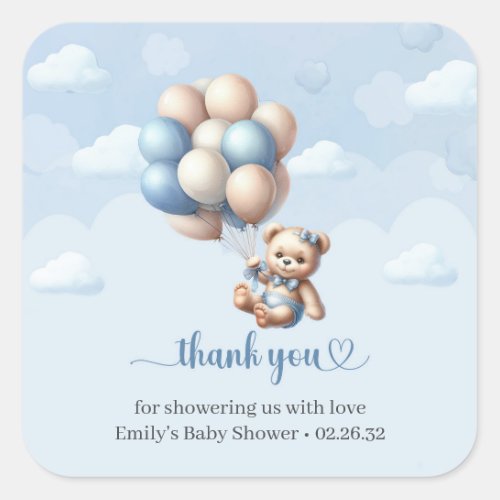 Watercolor bear blue ivory balloons baby shower square sticker