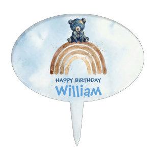 Watercolor Bear Boy Birthday Boho Rainbow Gold Cake Topper