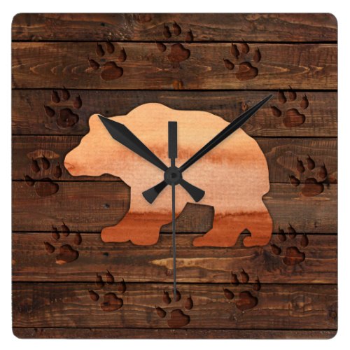 Watercolor Bear, Carved Paws, Rustic Wall Clock