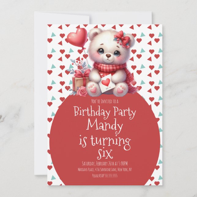 Watercolor Bear Cute Heart Pattern Birthday  Invitation (Front)