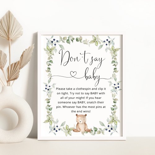 Watercolor bear Dont say baby shower game Poster