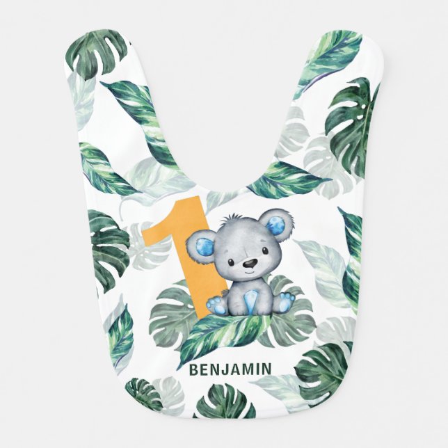 Watercolor Bear First Birthday Baby Bib (Front)