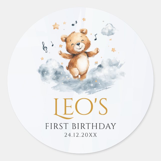 Watercolor Bear First Birthday Favor Sticker (Front)