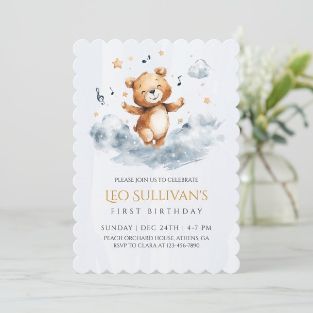 Watercolor Bear First Birthday Invitation (Standing Front)