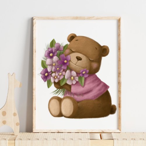 Watercolor Bear Flowers  Bear Wall Print