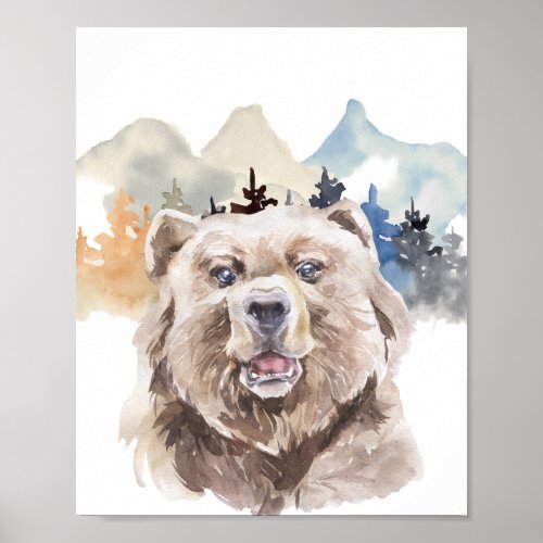 Watercolor Bear Forest Nursery Child Woodland Poster
