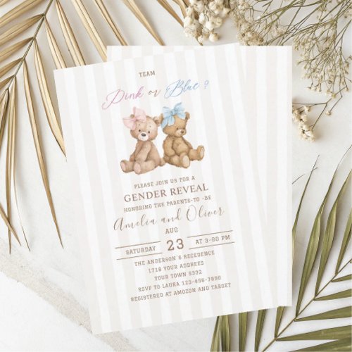 Watercolor Bear Gender Reveal  baby shower Invitation