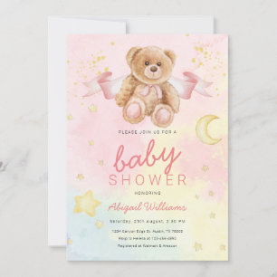 Watercolor bear girl with moons/ stars baby shower invitation