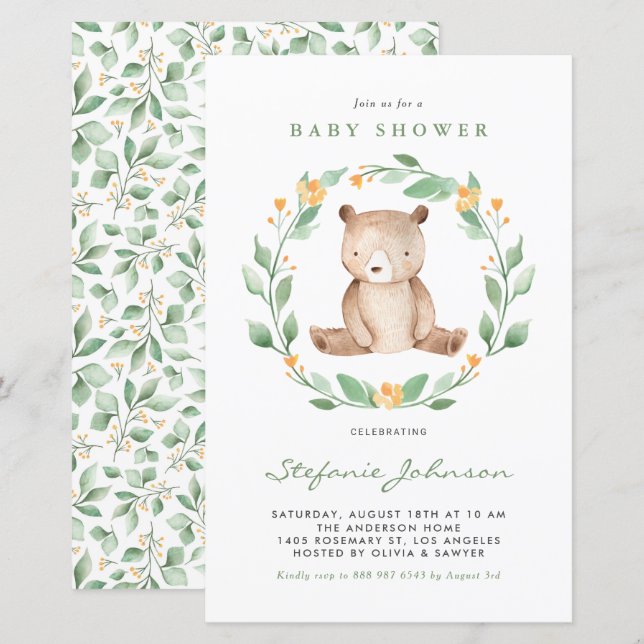 Watercolor Bear Greenery Baby Shower Invitation (Front/Back)