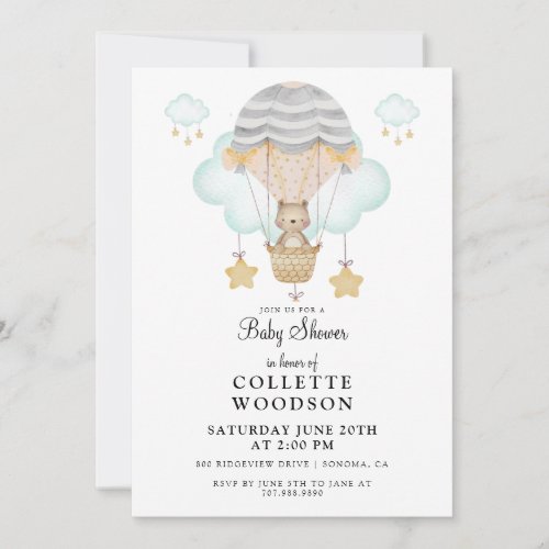 Watercolor Bear Hot Air Balloon Baby Shower Invita Invitation