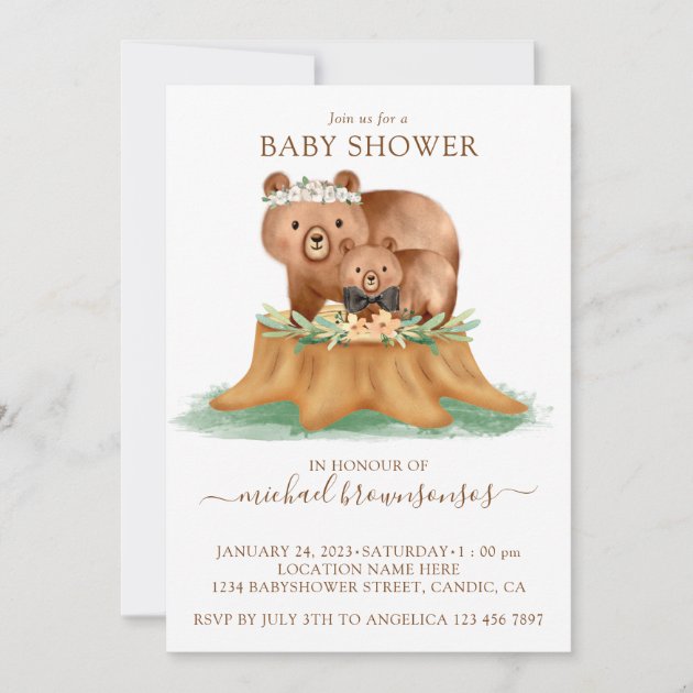 Watercolor Bear Mommy Baby Shower Boy Invitation
