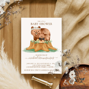 Watercolor Bear Mommy Baby Shower Boy Invitation
