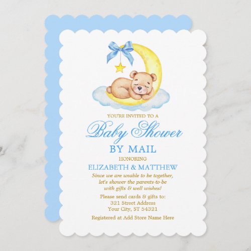 Watercolor Bear Moon Blue Gold Shower by Mail Invitation