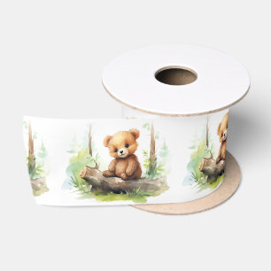 Watercolor Bear On Log Satin Ribbon