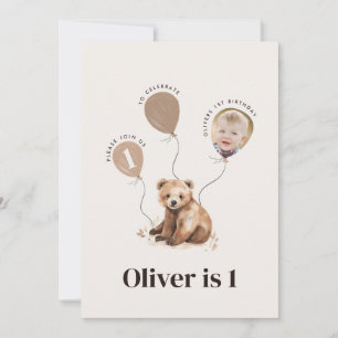 Watercolor bear photo 1st birthday modern invitation