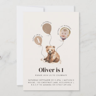 Watercolor bear photo 1st birthday modern invitation