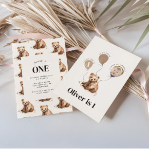 Watercolor bear photo 1st birthday modern  invitation