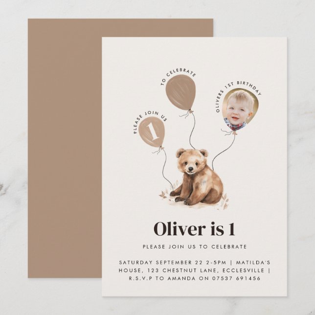 Watercolor bear photo 1st birthday modern  invitation (Front/Back)