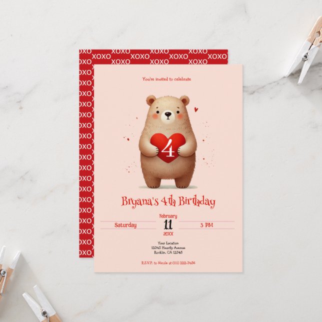 Watercolor Bear Red Heart xoxo Valentine Birthday Invitation (Front/Back In Situ)