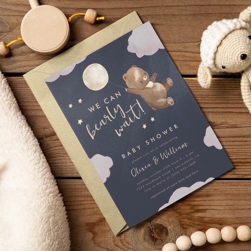 Watercolor Bear We Can Bearly Wait Baby Shower Invitation