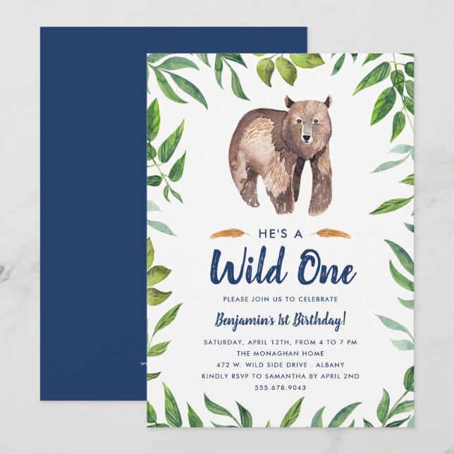 Watercolor Bear Wild One Birthday Invitation (Front/Back)
