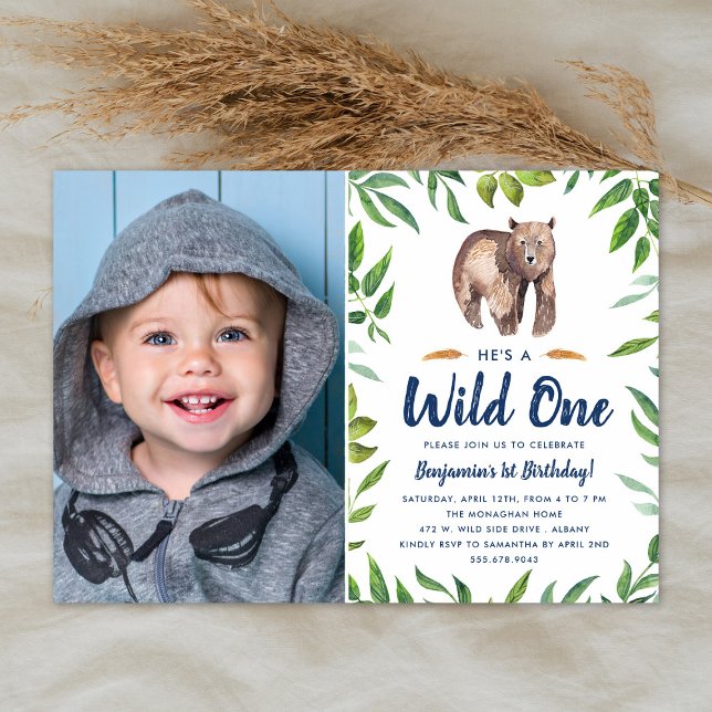 Watercolor Bear Wild One | Photo Birthday Party Invitation (Creator Uploaded)