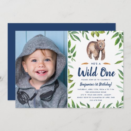 Watercolor Bear Wild One  Photo Birthday Party Invitation