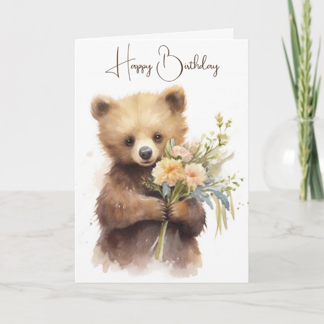 Watercolor Bear with a Birthday Bouquet Card (Front)
