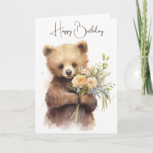Watercolor Bear with a Birthday Bouquet Card