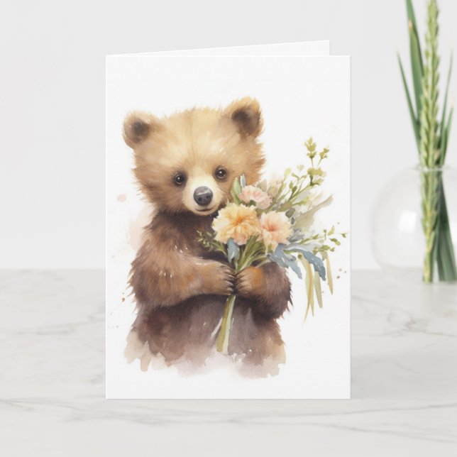 Watercolor Bear with a Bouquet Thank You Card (Front)