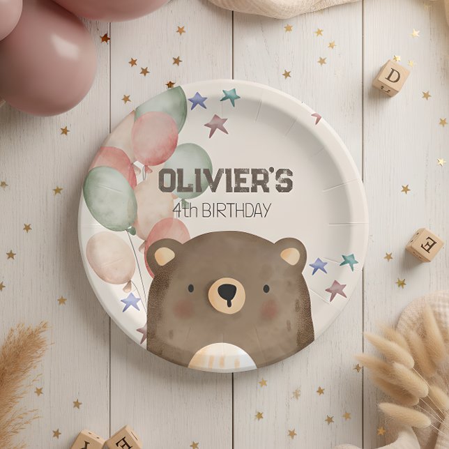 watercolor bear with balloons birthday paper plate (Creator Uploaded)