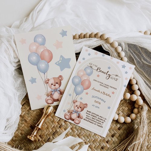Watercolor Bear With Balloons Rustic Baby Shower Invitation