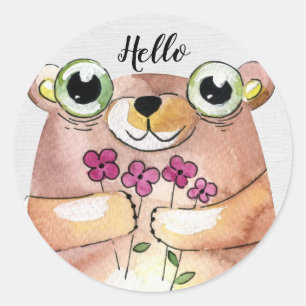 Watercolor Bear with Bouquet Classic Round Sticker