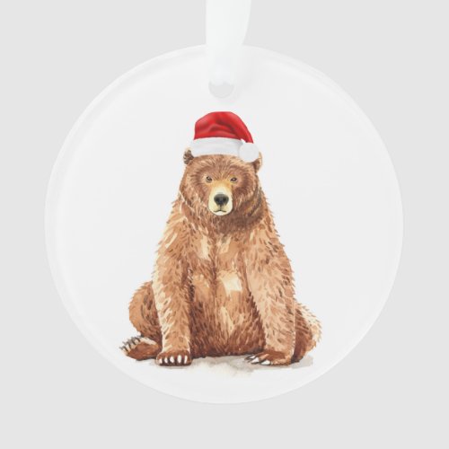 Watercolor Bear with Santa Hat Ornament